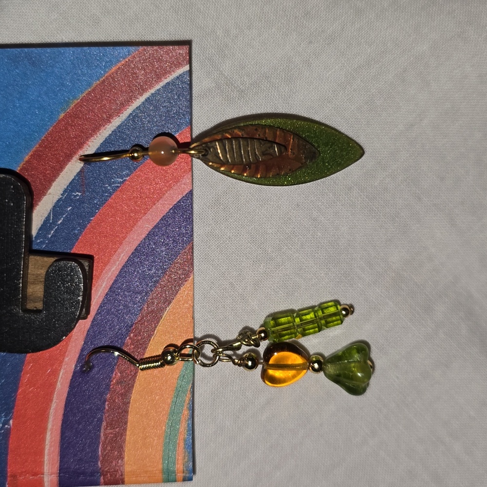 Asymmetrical Mismatched Earrings in Green & Orange